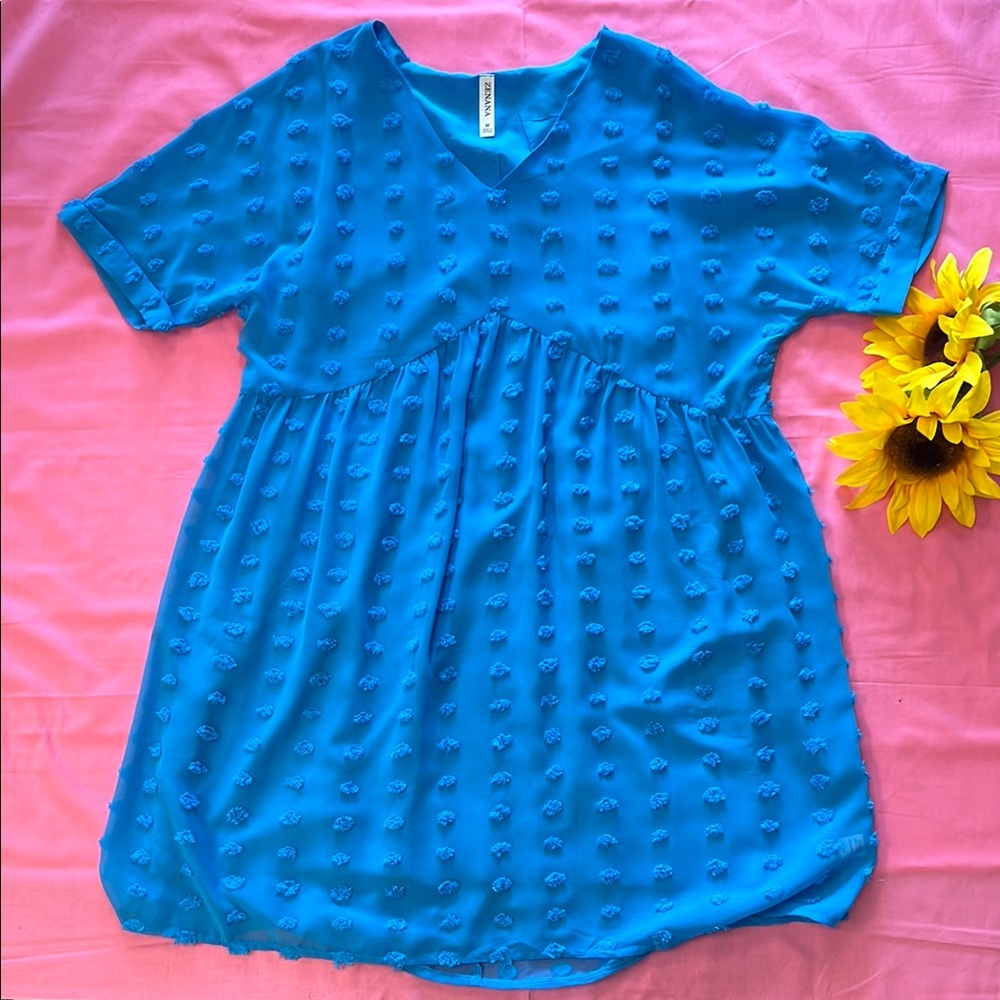 Blue Swiss Dot Short Sleeve Dress